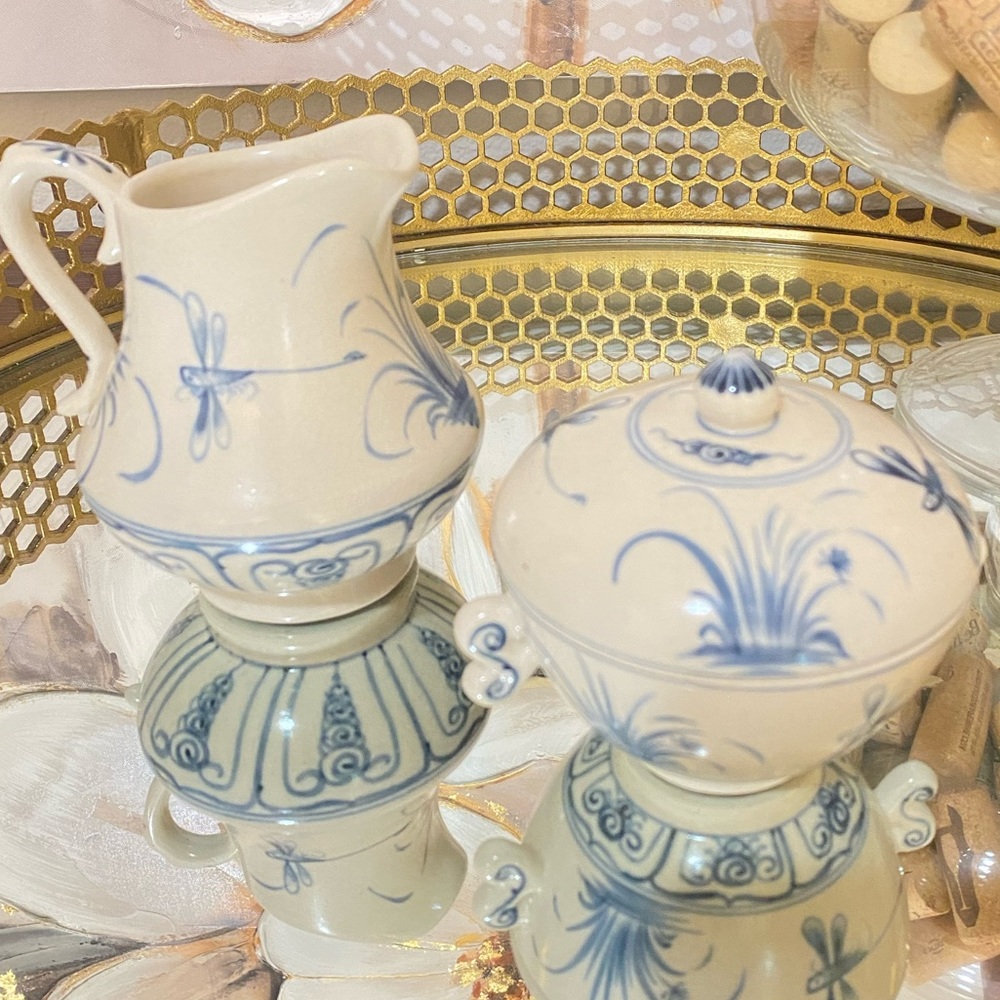 Rare Bat Trang Hanoi Vietnamese Pottery Sugar Creamer Blue White Dragonfly